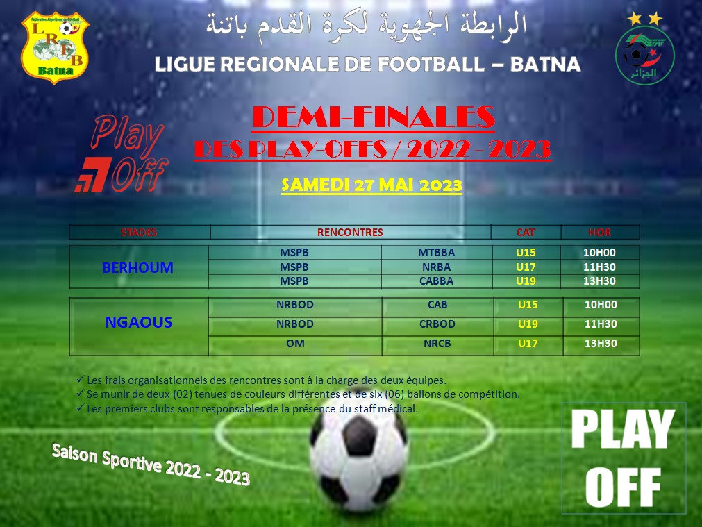 L.R.F.B : Programmation Rencontres Demi-Finales Play-Offs  2022 - 2023 