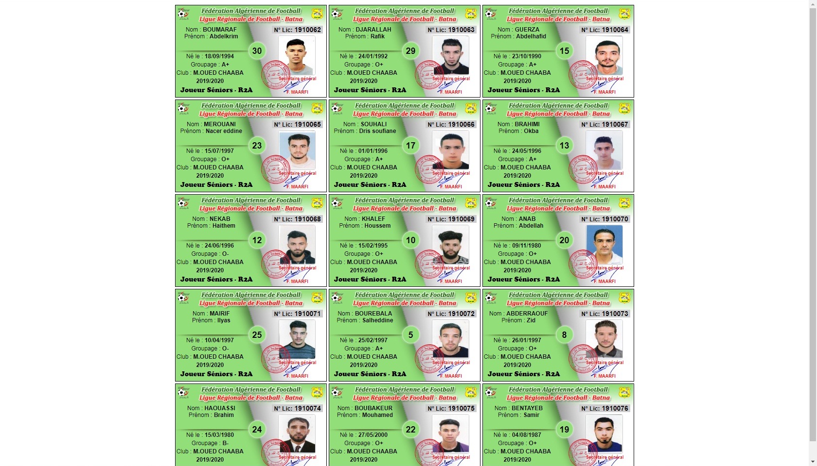 Listing Licences Joueurs Seniors Homologuées "Première Période d'Enregistrement" 2019-2020
